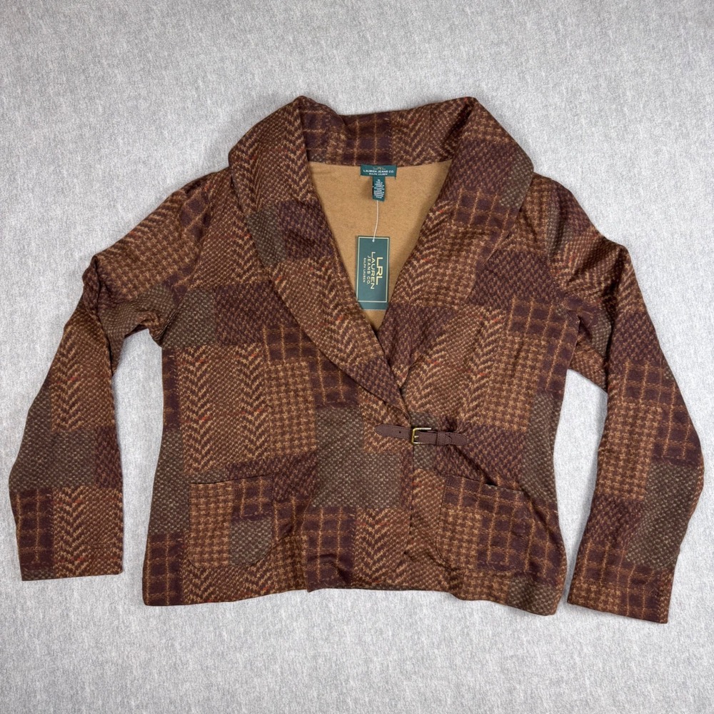 Lauren Ralph Lauren Brown Patchwork Buckle Wrap Cardigan Jacket XL NWT